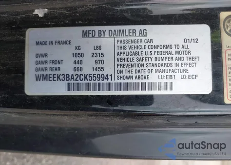 2012 Smart Fortwo Passion из США, поврежденный, VIN WMEEK3BA2CK559941